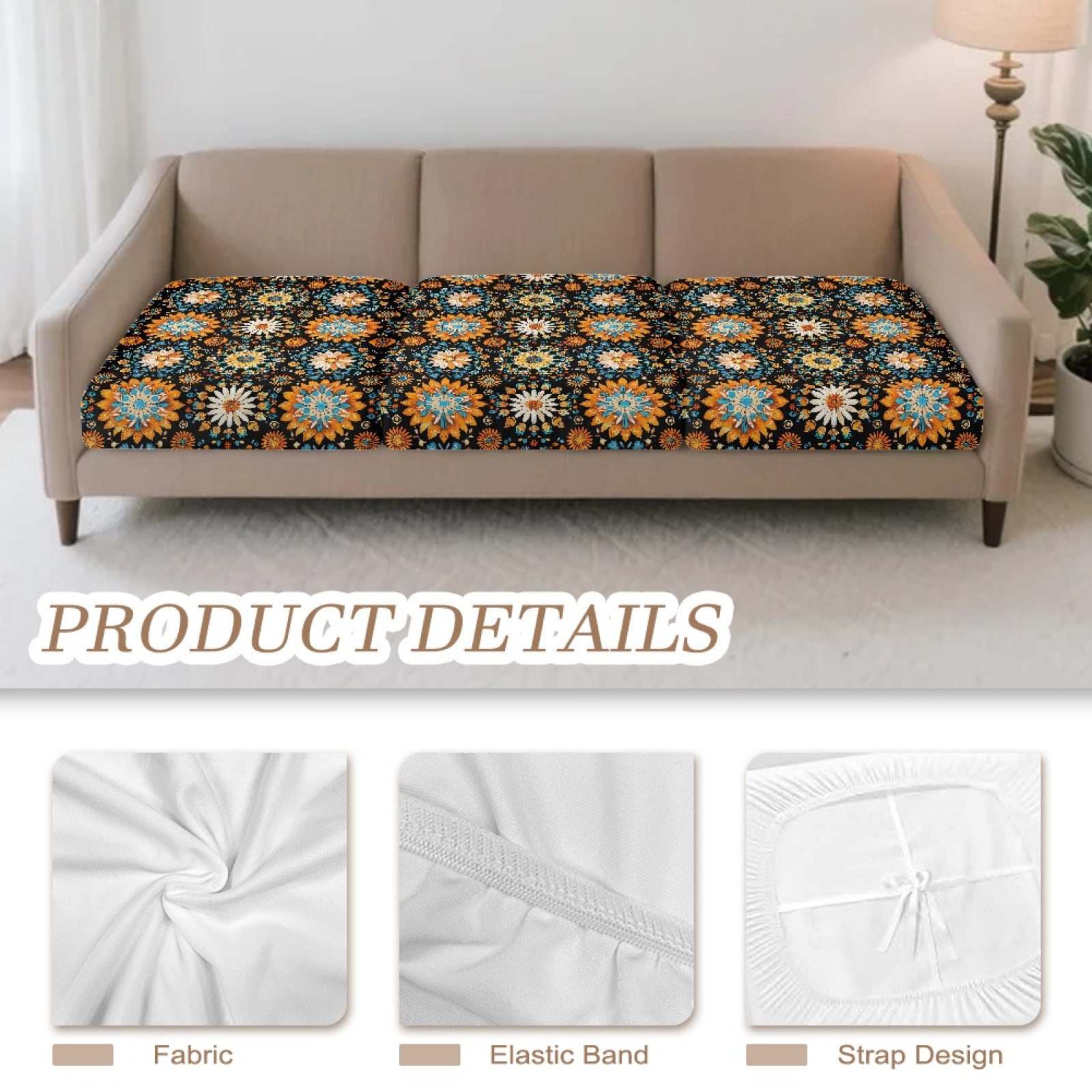 COEQINE Stretch Armchair Cushion Cover Washable Couch Cushion Cover Fitted Sofa Seat Slipcover Sets Separate Sectional Sofa Cover for Home Decor, 3 Pieces, Boho Mandala Floral Orange