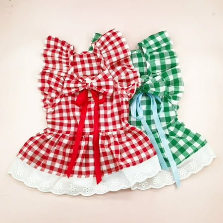 Pebbuoy 1 Set Pet Dress Ruffled Sleeves Cat Plaid Dress Traction Ring Design Dog Princess Dress with Headdress Pet Supplies