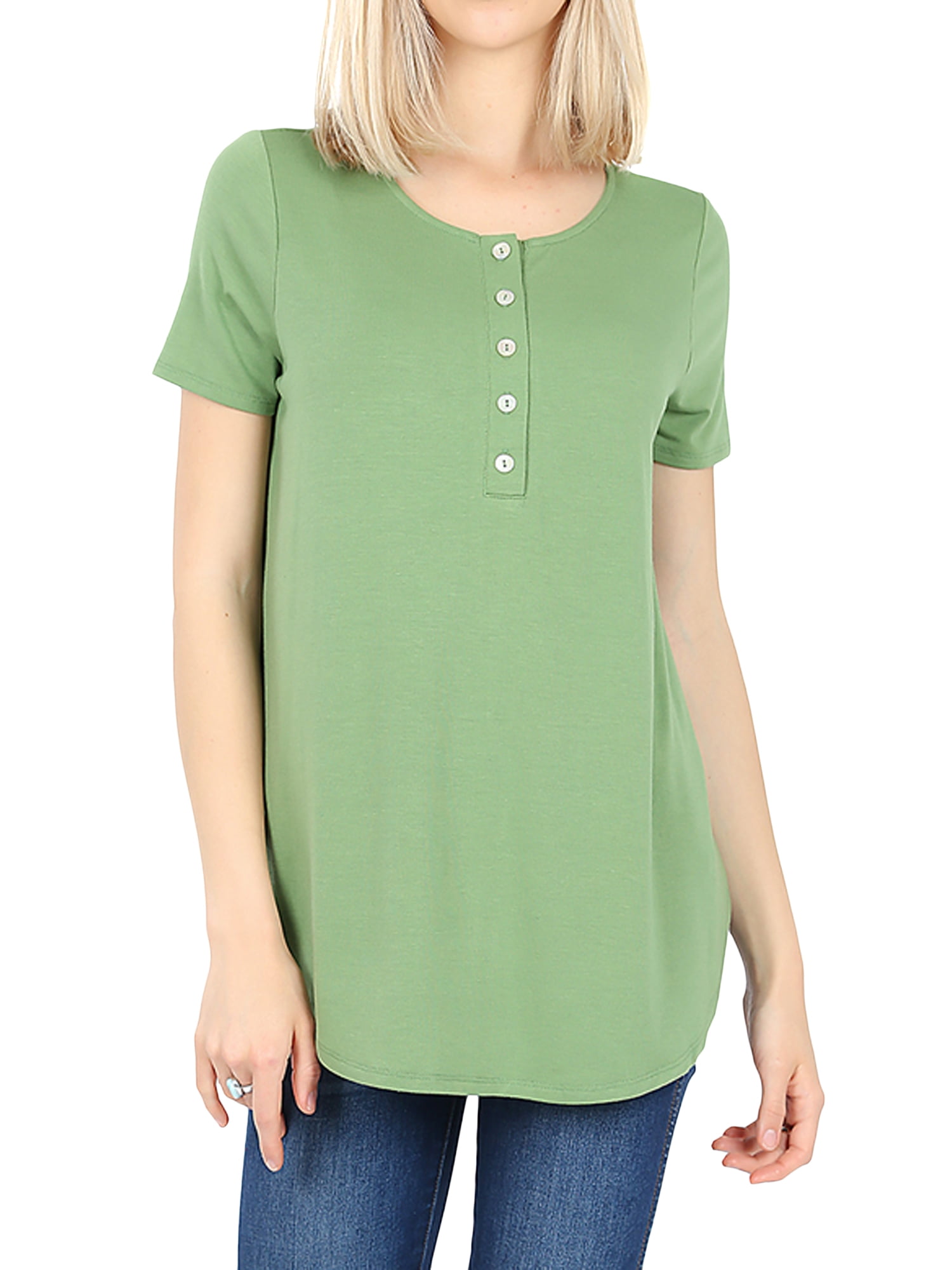 Women & Plus Short Sleeve Dolphin Hem Relaxed Fit Henley Tee Shirt Top