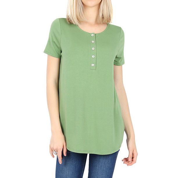 TheLovely Women & Plus Short Sleeve Dolphin Hem Relaxed Fit Henley
