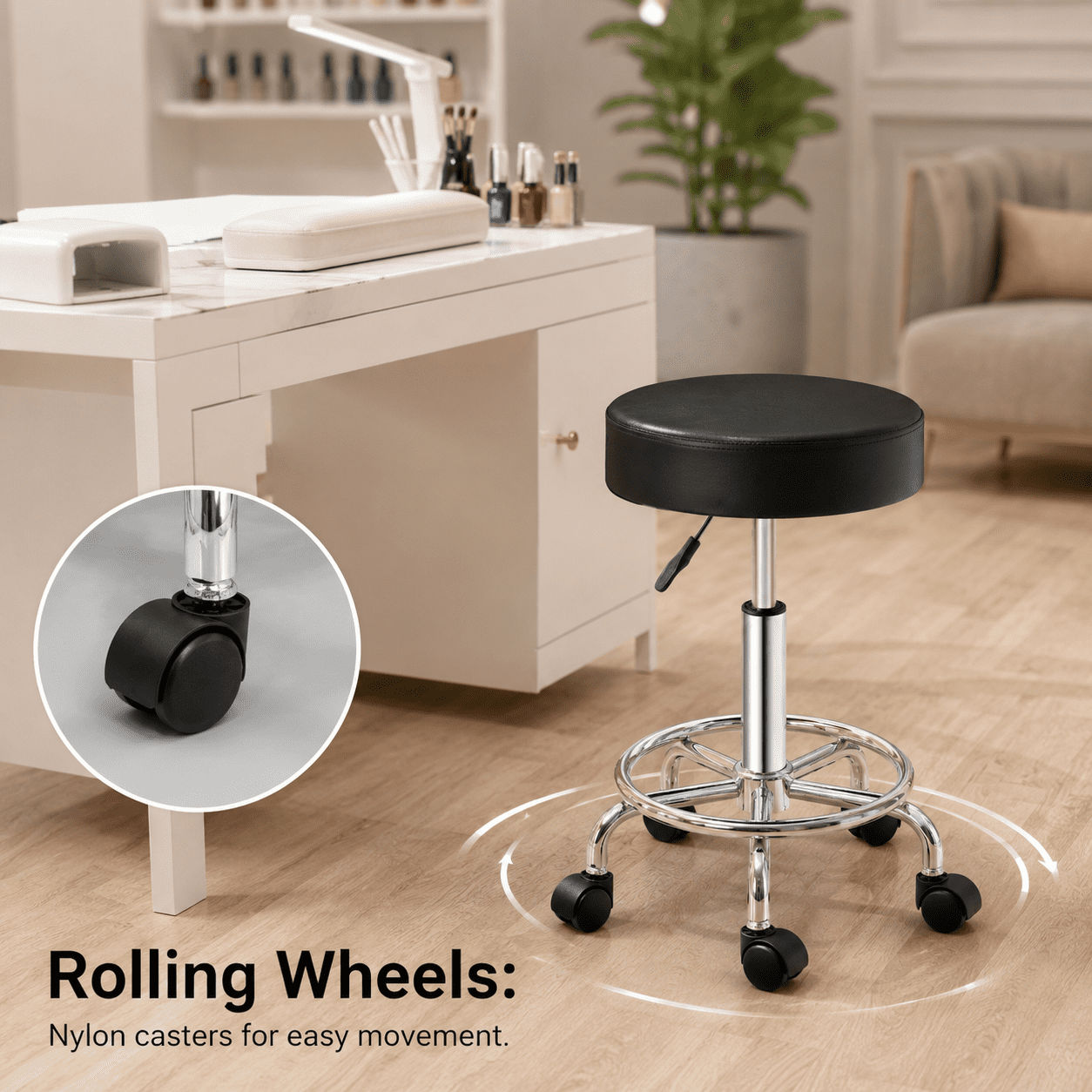 Alvantor Salon Stool with Thick Foam, Adjustable Height, 360 Swivel, Foot Ring, Black