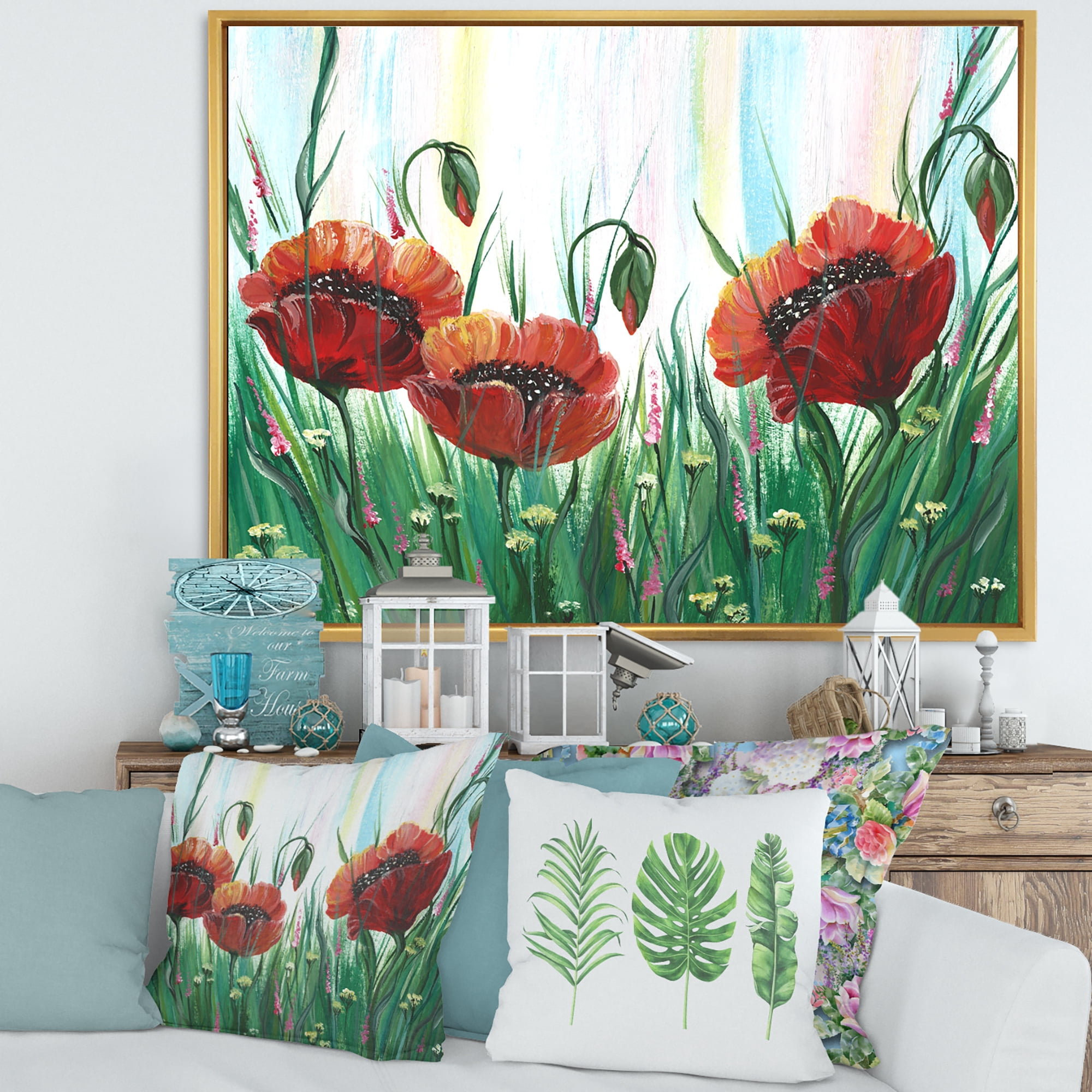 Designart 'Three Red Bright Poppy Flowers On A Green Meadow' Traditional Framed Canvas Wall Art Print