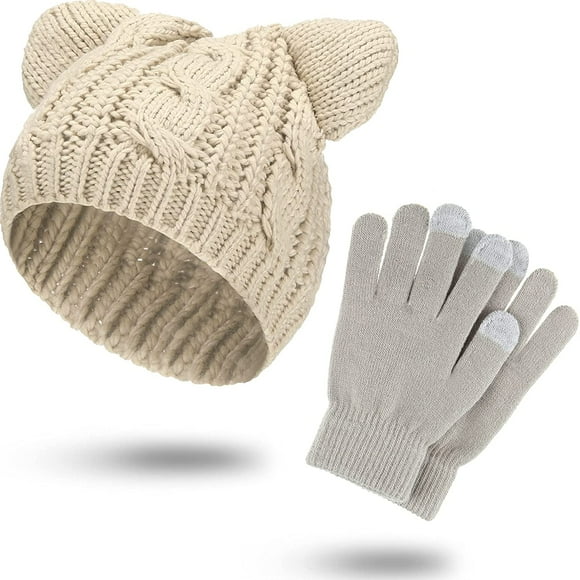 Winter Girl Knitted Cat Hat and Anti-Slip Touchscreen Gloves, Women Cat Beanies Cat Ears Knit Hat Crochet Beanie Hat