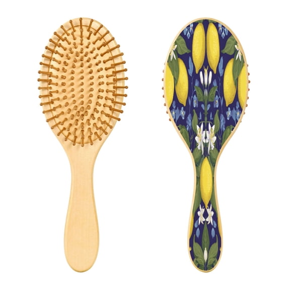 Wood Paddle Brush with Cushion & Round Hair Brush Lemon Pattern Detangling Brush for All Hair Types