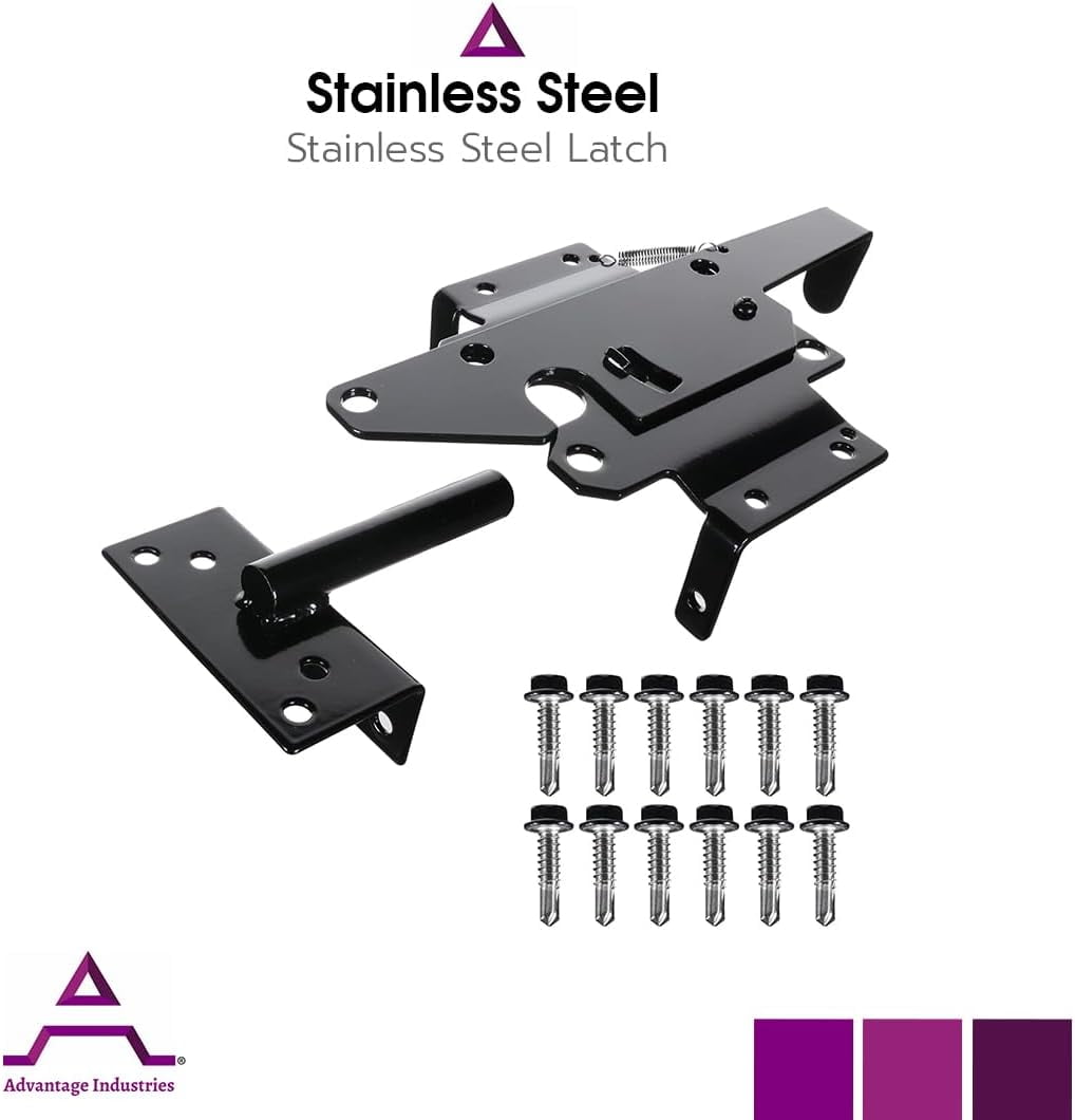 Advantage Industries Stainless Steel Gate Latch | Self- Latching Gate Latch | Padlock Lockable | Heavy-Duty Spring | Left & Right Reversable | for Vinyl/PVC & Wood Gates – Black