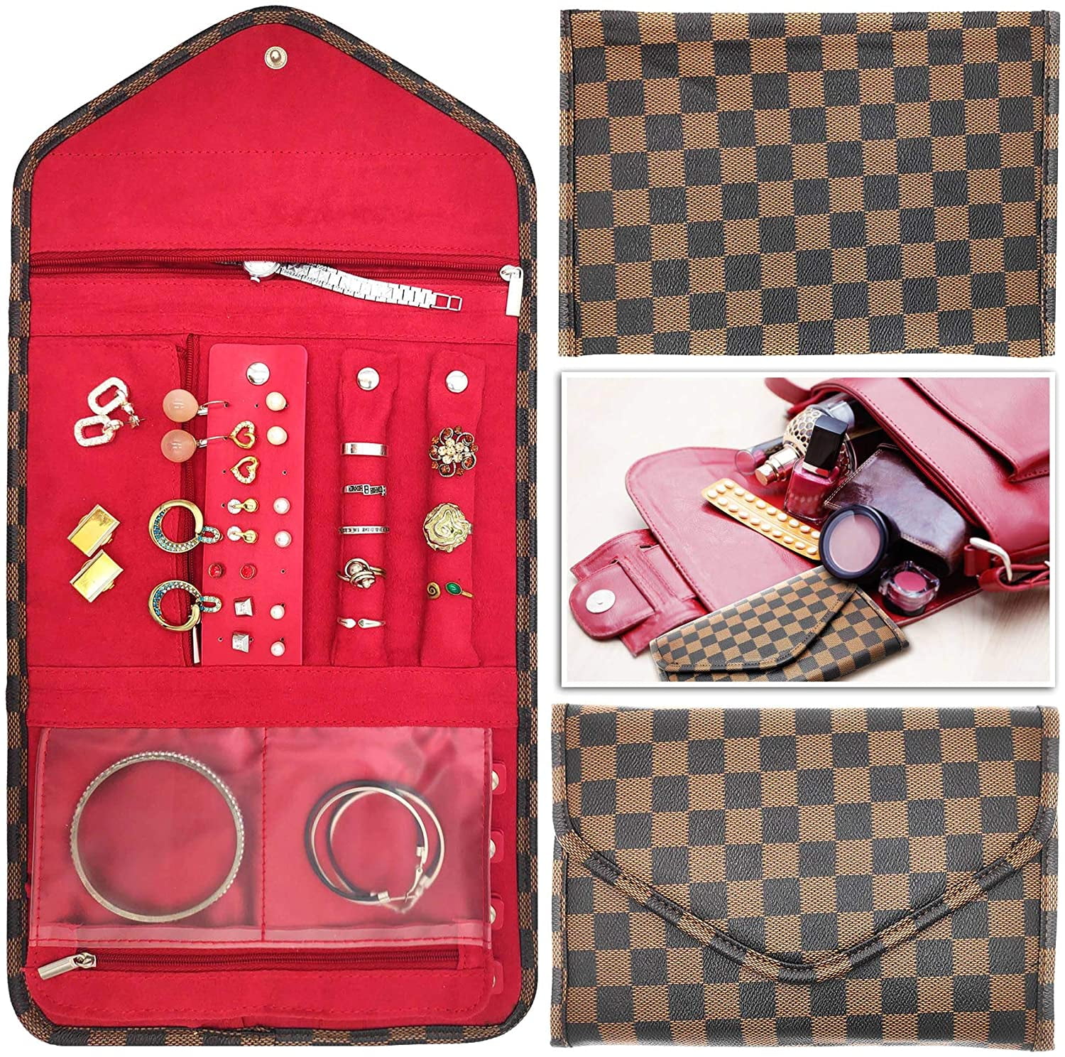 NBX Jewelry Travel Case Foldable Jewelry Organizer Storage Case, Brown 