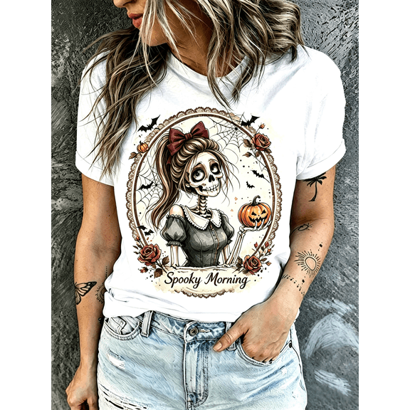 Women Soft Crew Neck Short Sleeve Cotton T-Shirt, Vintage Lace Oval Frame Spooky Morning Messy Bun Girl Skeleton Holding Jack-o-Lantern Bat Rose Spider Web Halloween Graphic Relaxed Fit Casual Tee