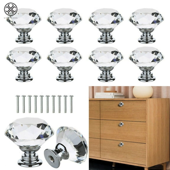 Luxtrada 10Pcs Round Crystal Glass Door Knobs Cabinet Drawer Pull Handle with Screws