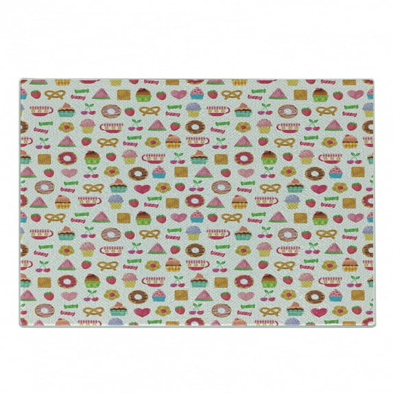 Tea Party Cutting Board, Sweets Candies Cookies Fruit and Other Things Cheerful Composition, Decorative Tempered Glass Cutting and Serving Board, Small Size, Multicolor, by Ambesonne