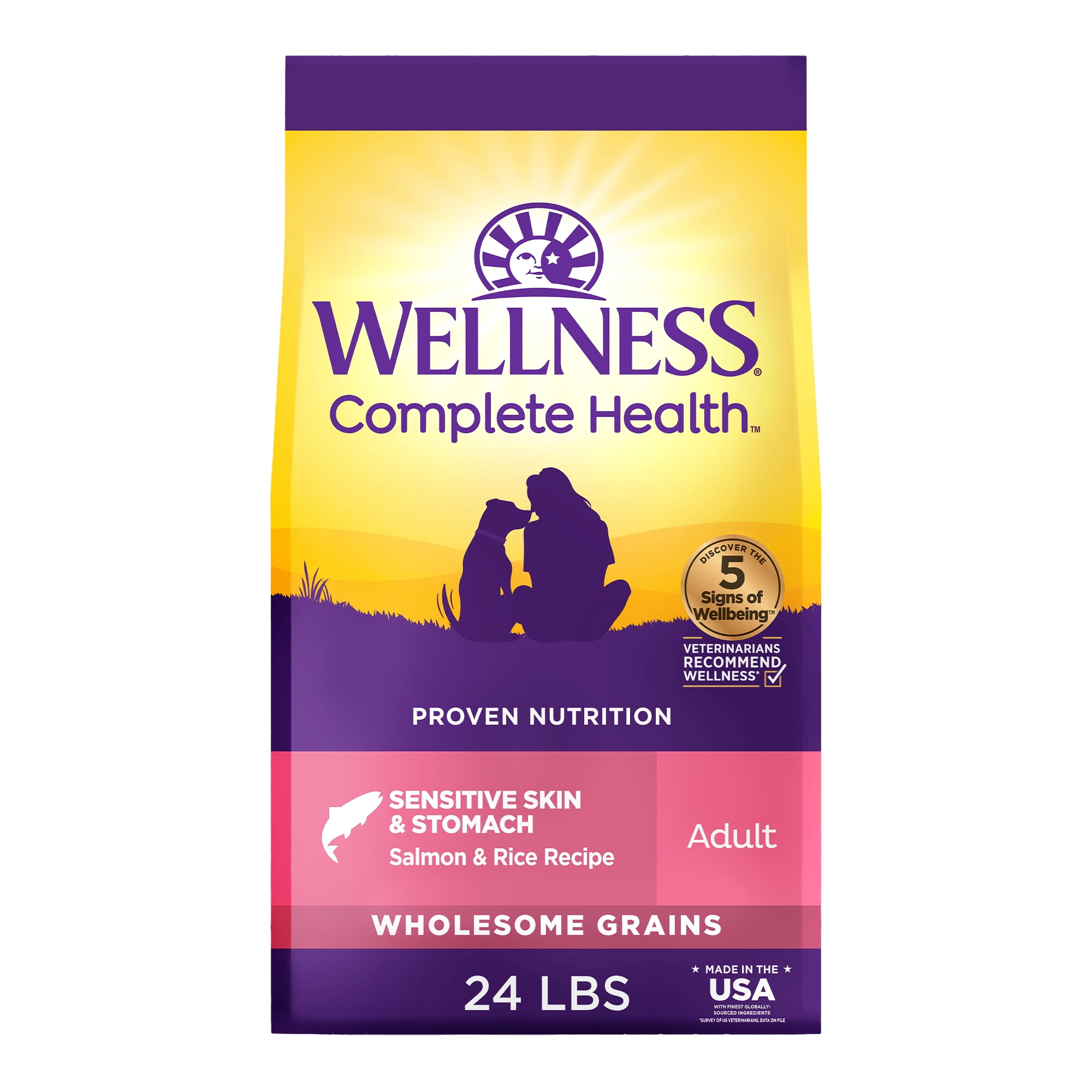 Wellness Complete Health Sensitive Skin and Stomach Dry Dog Food, Wholesome Grain Kibble, Natural, Chicken Free, Salmon and Rice Recipe, 24 lb Bag