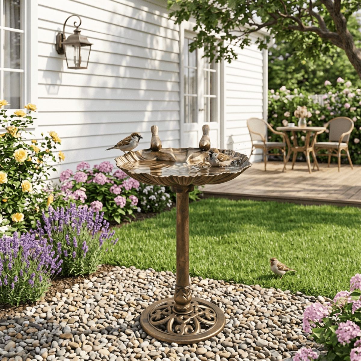 Resin Bird Bath Basin with 2.5W Solar Fountain, Bronze Shell Edge Design, 50x36x81cm