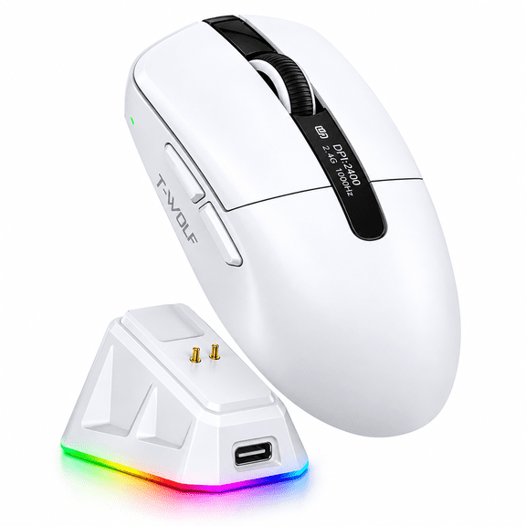 T-WOLF X12 Wireless Gaming Mouse, 12000 DPI, PAW3311 Sensor, Tri-Mode, Lightweight, Charging Dock with RGB, White