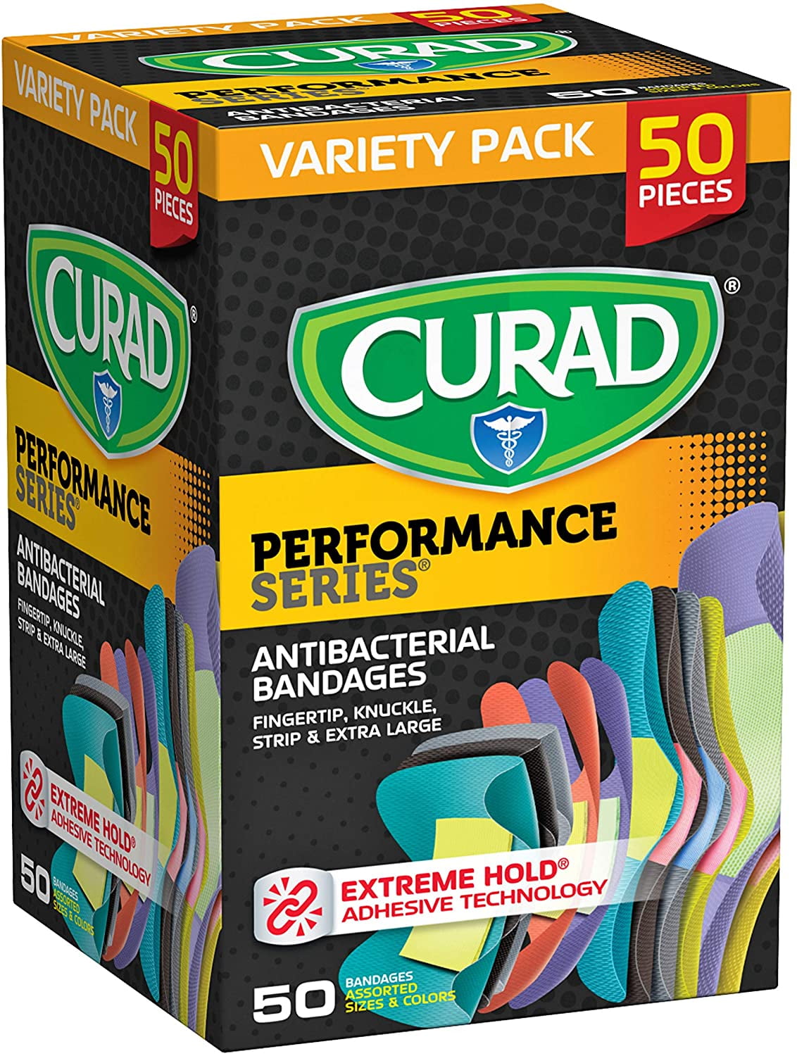 Curad Performance Series Adhesive Bandages, Assorted Variety Pack Includes Fingertip, XLarge