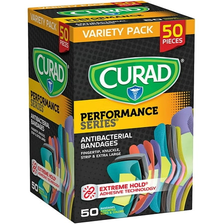 Curad Performance Series Adhesive Bandages, Assorted Variety Pack Includes Fingertip, X-Large & Knuckle Bandages, 50 Count