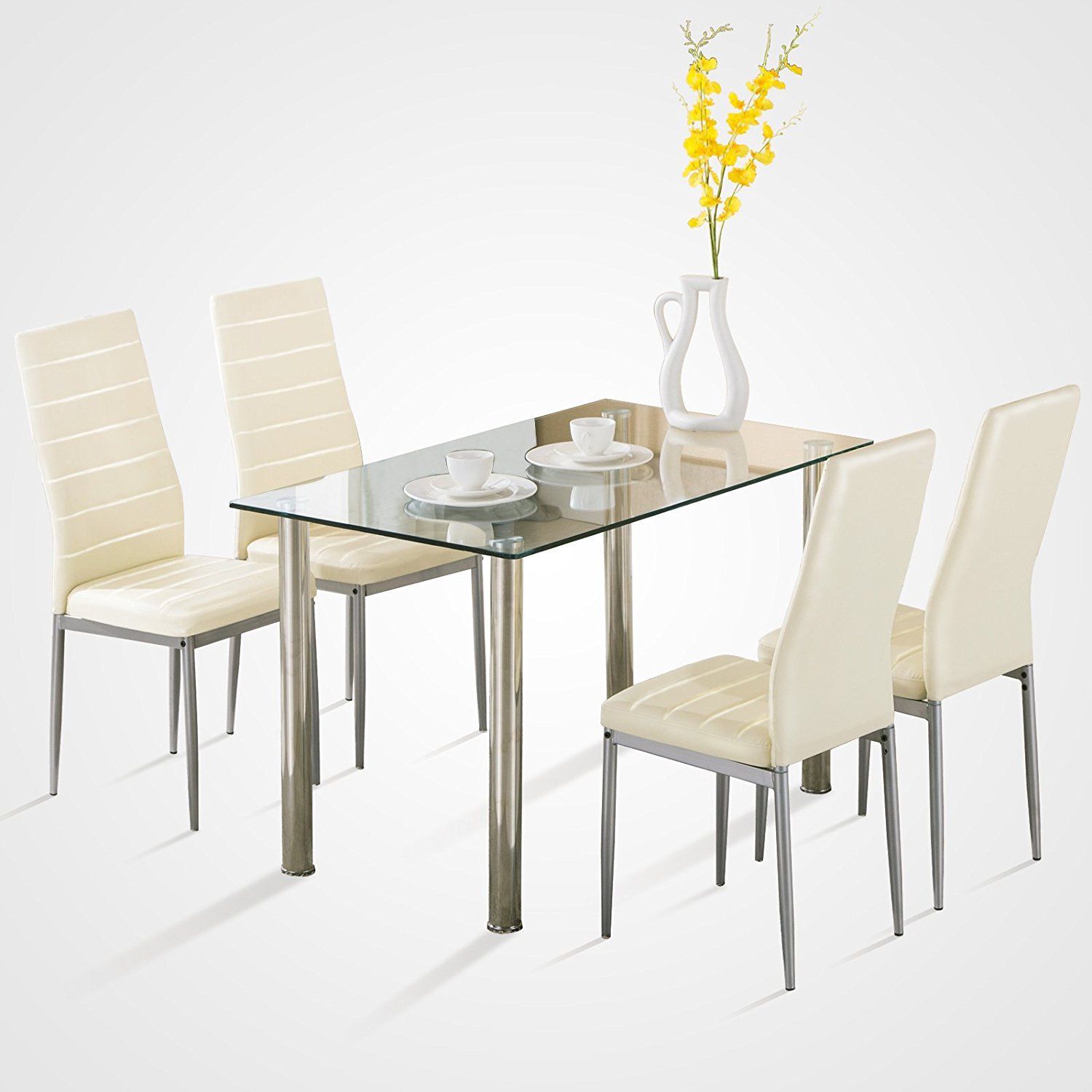Zimtown 5 Piece Dining Table Set White 4 Chair Glass Metal Kitchen Dining Room Breakfast - image 2 of 9