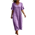 thumbnail image 3 of akafmk Summer Womens Linen Dresses V Neck Ruffle Short Sleeve Maxi Dress Loose Solid Color Casual Vacation Dress, Size XL, 3 of 7