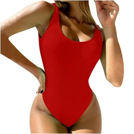 HTNBO One Piece Bathing Suit for Women Backless Solid Color Swimwear Beachwear Sexy Thong Bikini Swimsuit Red S