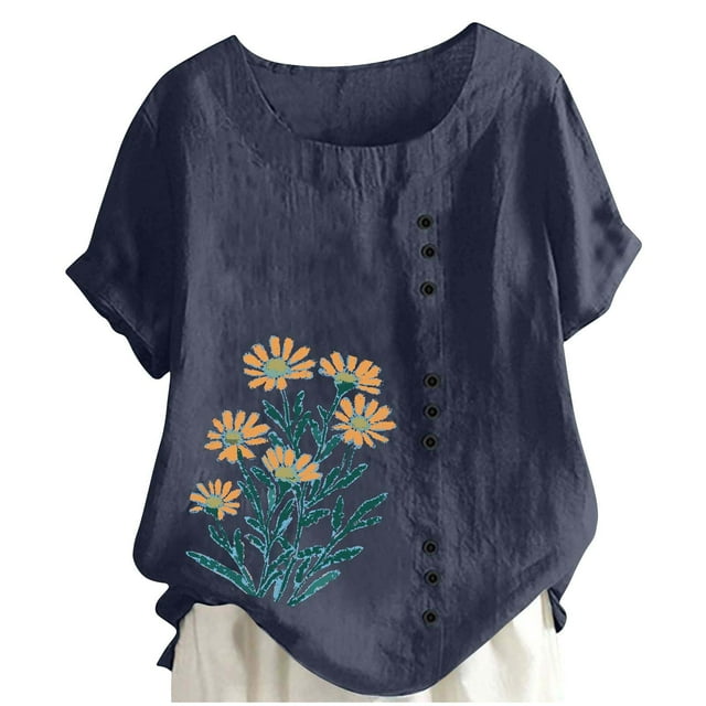 Zpanxa Women's Casual Printed T-Shirt, Short Sleeve Round Neck Button Top for Spring Summer