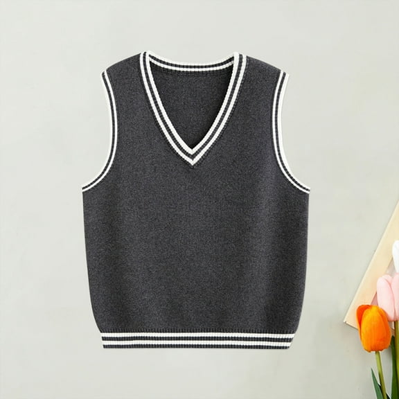 Tfken Boys Kids Sweater Vest V-Neck Sleeveless Solid Color School Uniform Daily Wear Varsity Sweater Dark Gray Size 3-4 Years
