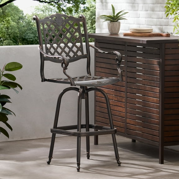 Cast Aluminum Bar Stool with Armrest, Copper Finish Outdoor Patio Bar Stool for Backyard & Garden