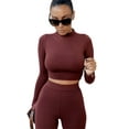 thumbnail image 3 of KOMOO 2Pcs Women Bodycon Tracksuit Outfits Long Sleeve Crop Top High Waist Yoga Leggings Elastic Workout Sets, 3 of 6