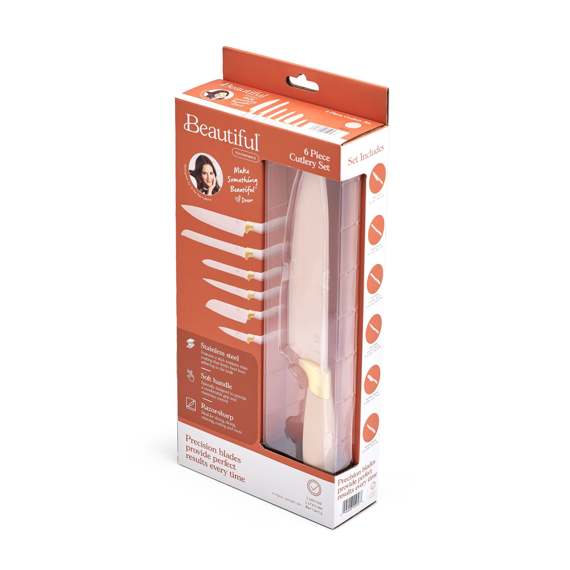 Beautiful 6-Piece Soft Grip Knife Set Rose with Gold Accent by Drew Barrymore