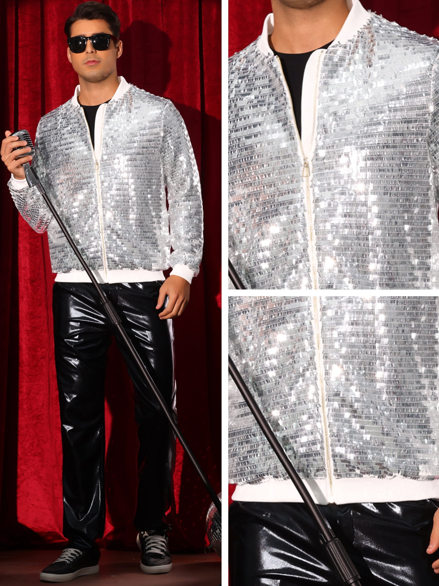DARING DIVA Men's Sequin Varsity Zipper Disco Sparkly Shiny Bomber Jacket M Silver