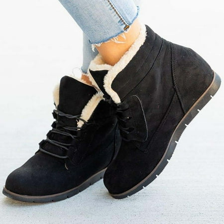 

YOTAMI Womens Boots Autumn Winter Plus Size Casual Flat Short Cross Tied Plus Velvet Boots Low-heeled Black