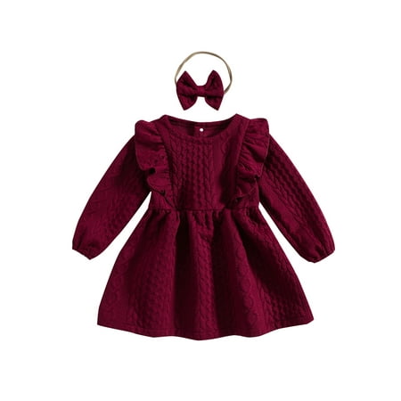 

Toddler Baby Girls Dress Set Long Sleeve Crew Neck Patchwork Fall A-line Dress with Bowknot Headband