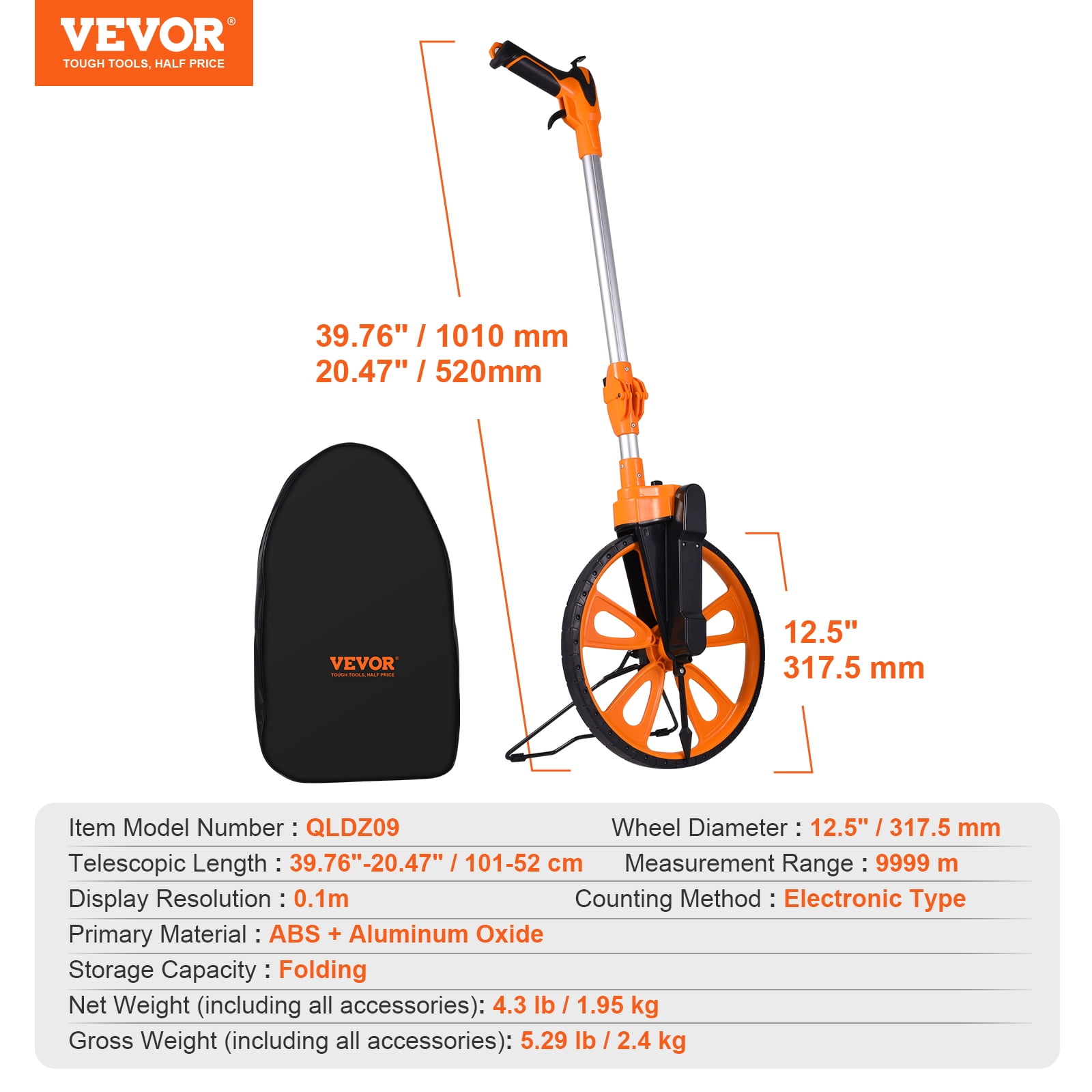 VEVOR Measuring Wheel 12.5” Telescoping Handle Centerline Design w/ Handbrake
