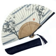 Eastern Wind bamboo print Chinese style hand folding fan, Japanese handheld foldable silk bamboo fan, includes a silk pouch