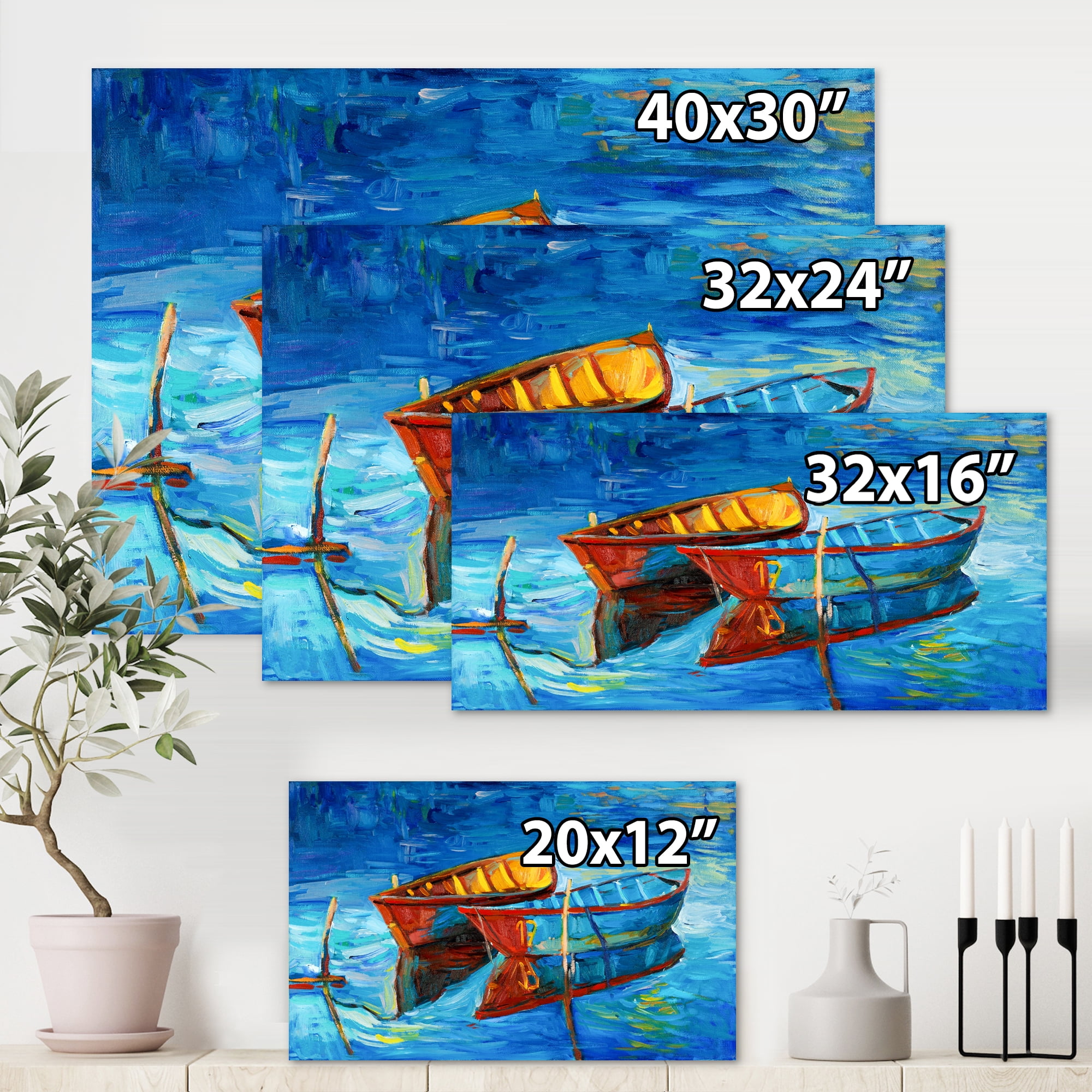 Boat At The Lake During Evening Glow III 8 in x 12 in Painting Canvas Art Print, by Designart
