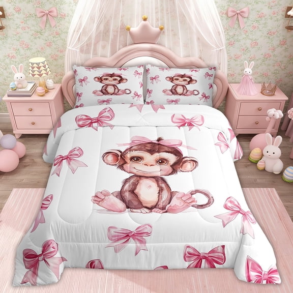 Erosebridal Princess Bowknot Comforter Sets TwinSize, Kawaii Monkey Comforters & Duvets, Cartoon Wildlife Decor, Reversible 2pcs