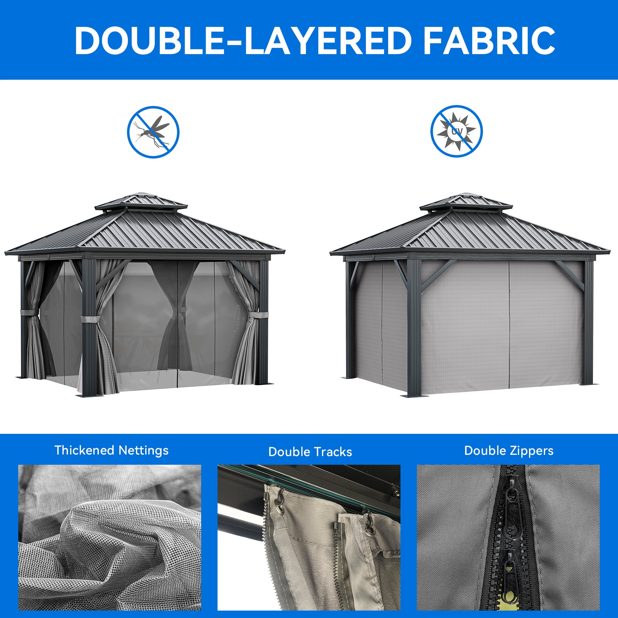 Dextrus 10x10ft Double Roofed Hardtop Gazebo, Outdoor Heavy Duty Galvanized Steel with Nettings and Curtains, Ideal for Patio, Backyard, Deck, Lawns - Gray