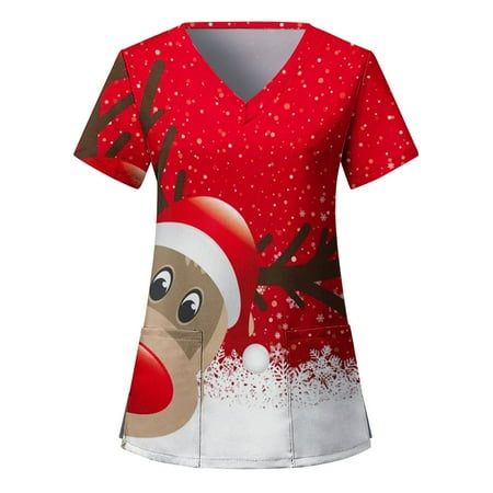 

Women s Christmas Printed Scrub Tops Ladies Casual Print Short Sleeve Pocket Loose Caring Workwear