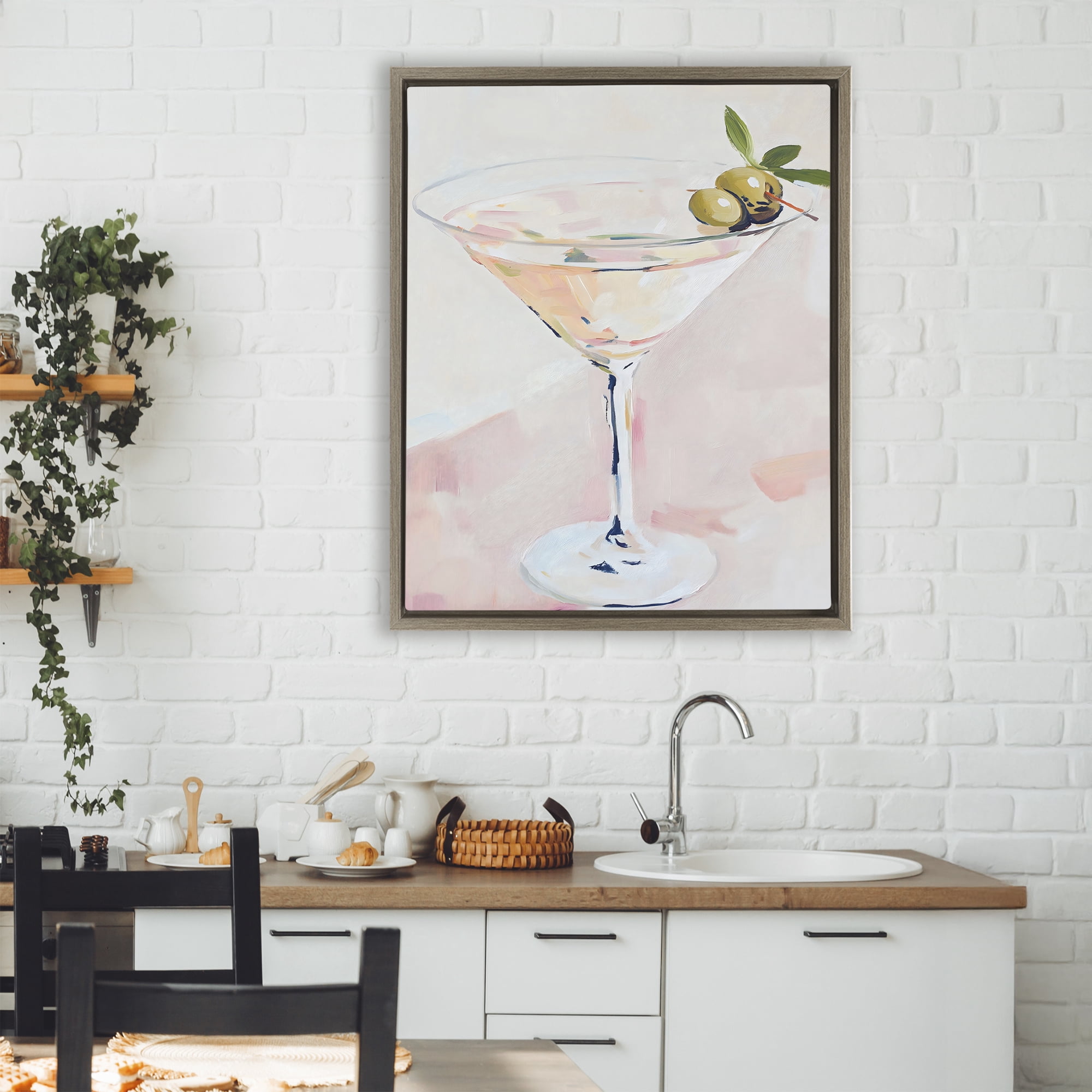Stupell Industries Pastel Martini with Olive Garnish Brown Framed Floater Canvas Wall Art, design by The Prints Vibe