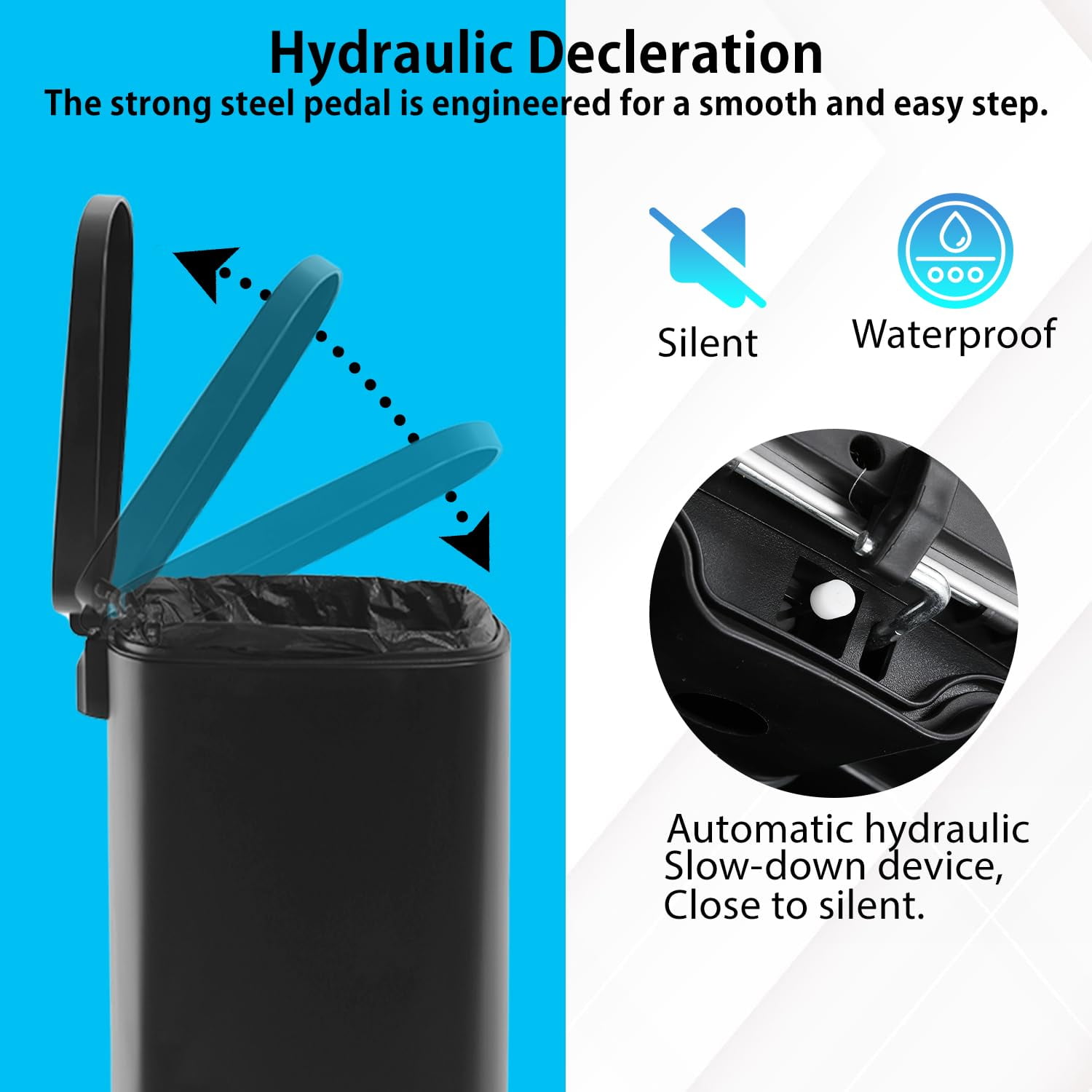 13 Gallon Trash Can Kitchen Trash Can Soft Close Lid Garbage Can with Lid Stainless Steel Trash Bin Hands-Free Footed Garbage Bin for Kitchen Bathroom Wateproof Trashcan, Black