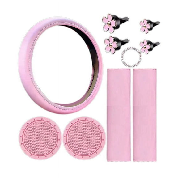 10 Pcs Steering Wheel Cover for Women Cute Car Accessories Set with Seat Belt Shoulder Pads Cup Holders Pink