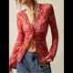 thumbnail image 4 of Camisas de Larga para Mujer, Blusas Bohemias con Estampado Floral, Blusas Ajustadas con Cuello en V y Botones Rojo S, 4 of 8