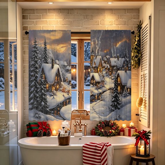 Snowy Cottage Pine Forest Snowflake 2D Printed Window Curtain, No Rods Included, for Indoor Dining Room Winter Home Decor
