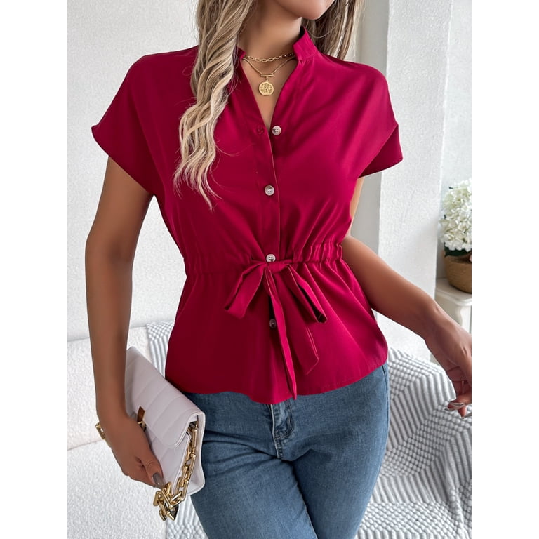 JGGSPWM Elegant Collared Front Drawstring Belt Waist Short Sleeve 