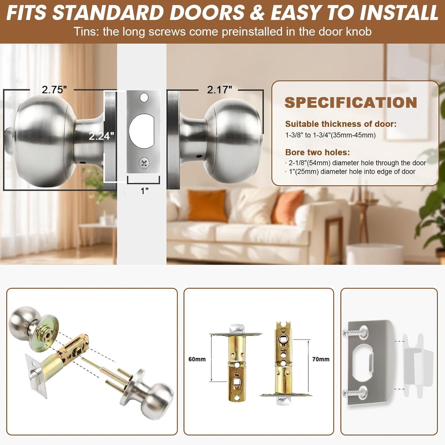 Privacy Door Knobs, 5 Pack Satin Nickel Door Knobs with Lock, Bed and Bath Door Knob Interior Keyless Locksets, Round Door Handles Reversible for Left Right Handed Doors