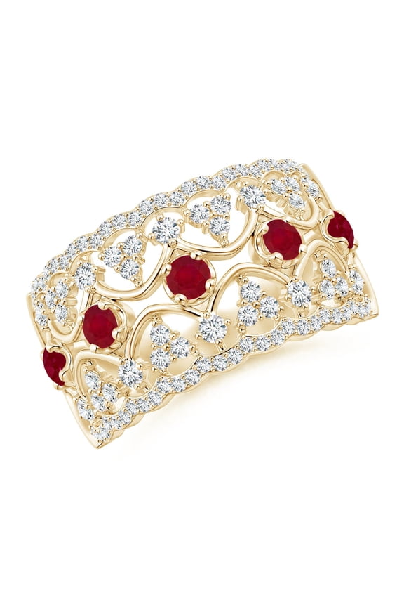Natural Art Deco Inspired Ruby Broad Filigree Ring in 14K Yellow Gold for Women (Size-2.6mm) | July Birthstone, Birthday, Anniversary, Jewelry Gift for Women | Natural Ruby Ring