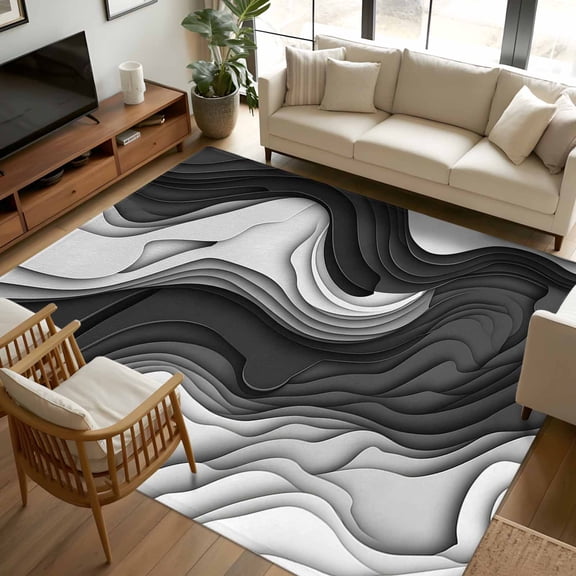 8x10 Area Rugs Black Grey Ombre Non-Skid Rubber Backing Large Rectangle Rugs - Living Room Bedroom Home Office, Abstract Moire Art Geometric Modern Indoor Floor Mat Carpets Washable Rug