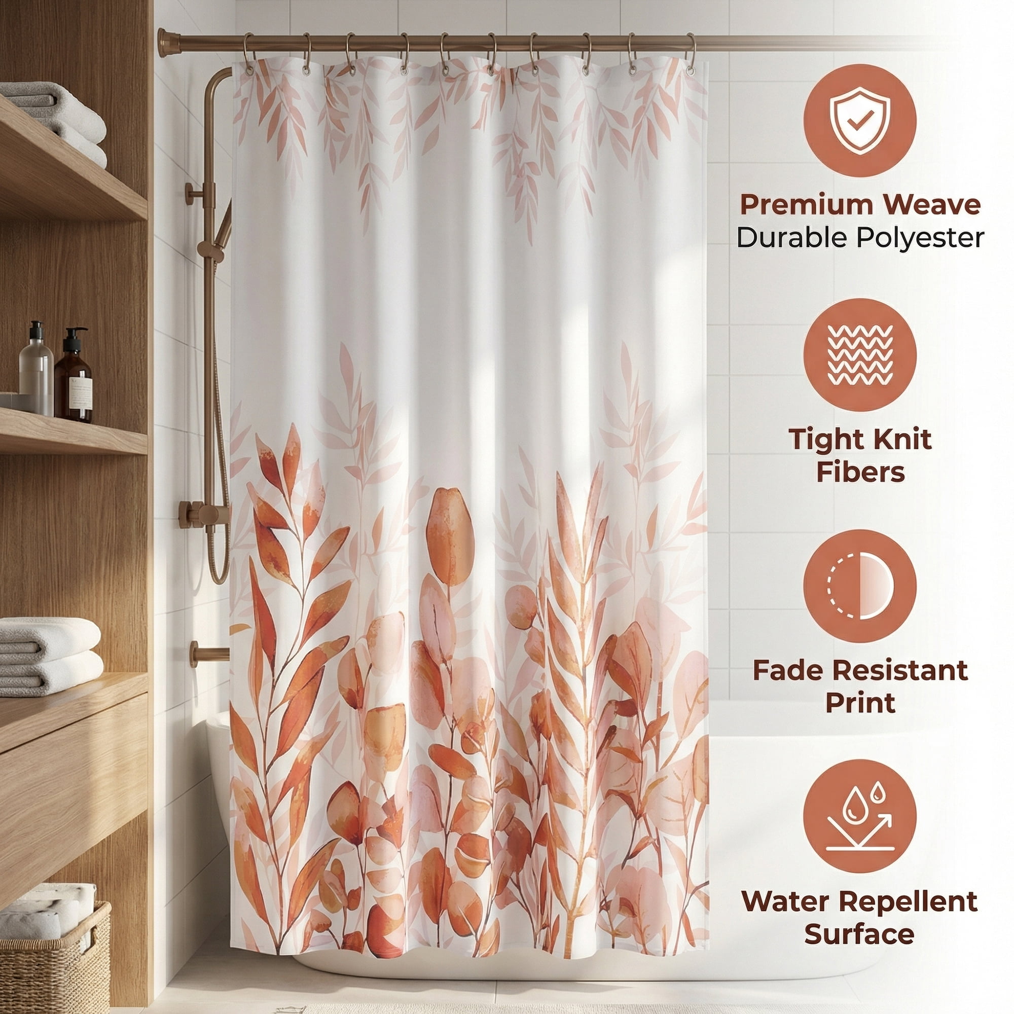 Unique Bargains Floral Print Sets, Waterproof Bath Curtain Brown 71"W x 71"L