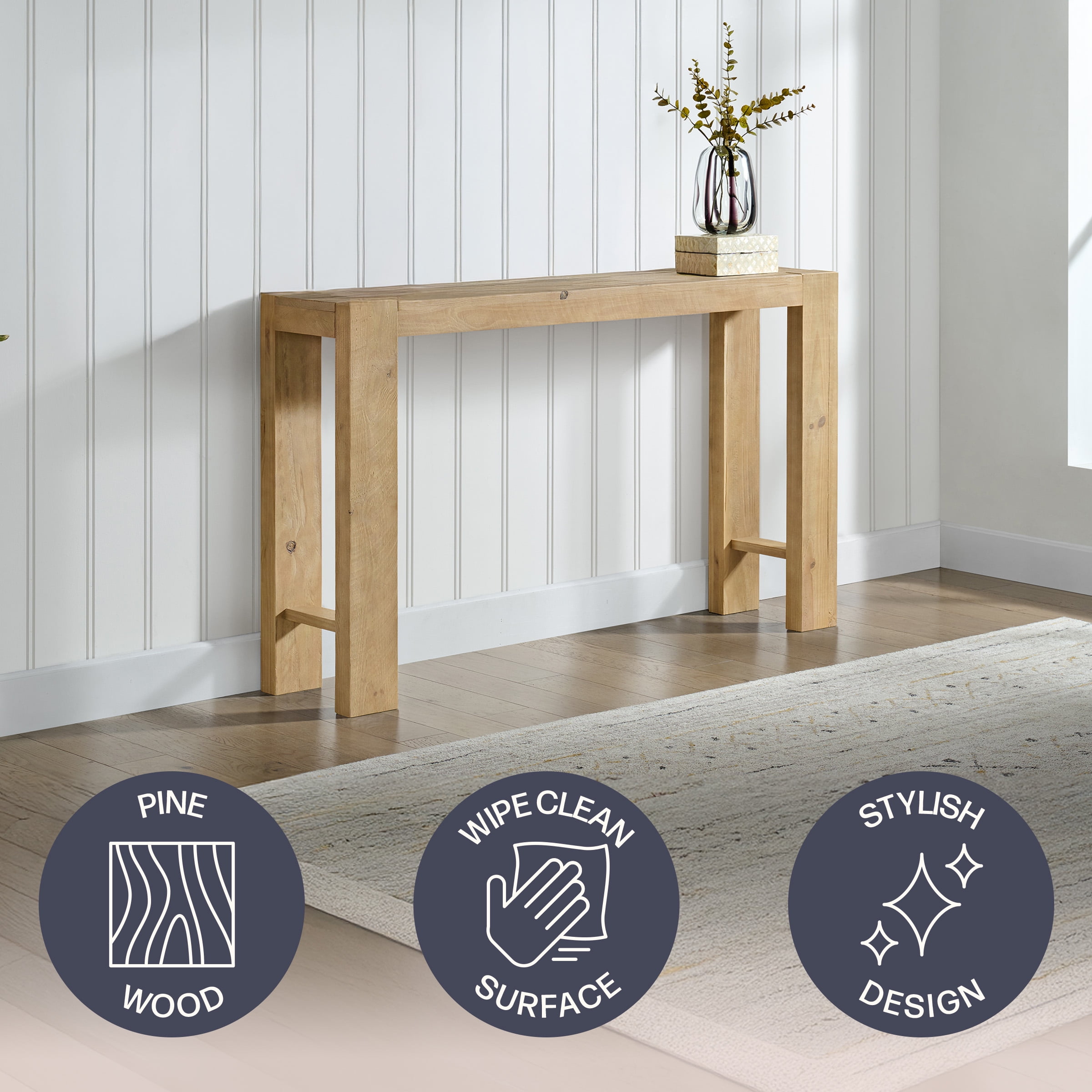 Alaterre Furniture Classic Solid Wood Console Table - 56in Modern Farmhouse Entryway Table, Lt Oak