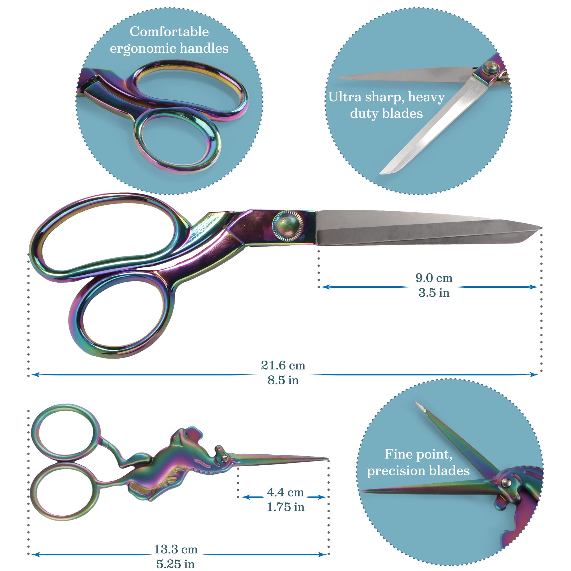 JubileeYarn Unicorn Scissors Heavy Duty Sewing Set - 2 Scissors, Blue Measuring Tape - 10 Pack