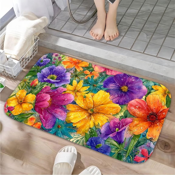 1pc Colorful Flowers Absorbent Non-Slip Bathroom Thickened Flannel Rug Decor,Soft,Quick Drying,Suitable For Indoor/outdoor Use,Bathrooms,Bedrooms,Kitchens,Terrace,Laundry Rooms,16"x24"