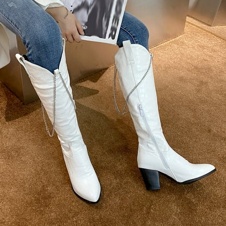 

Women s Winter Metal Chain Side Zipper Warm Chunky High Heel Pointed High Boots