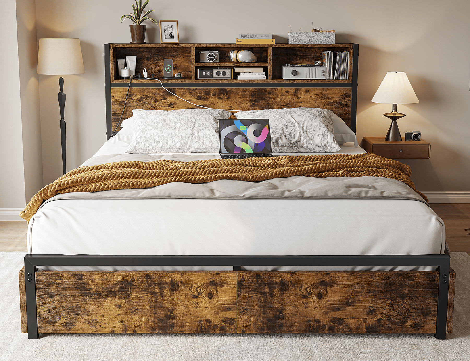 EnHomee Full Bed Frame with Headboard Metal Bed Frame with 6 Storage Drawers &  Charge Station
